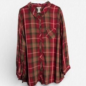 Catherines Women's 3X Red Plaid Roll Tab Long Sleeve Button Down‎ Shirt 26/28W